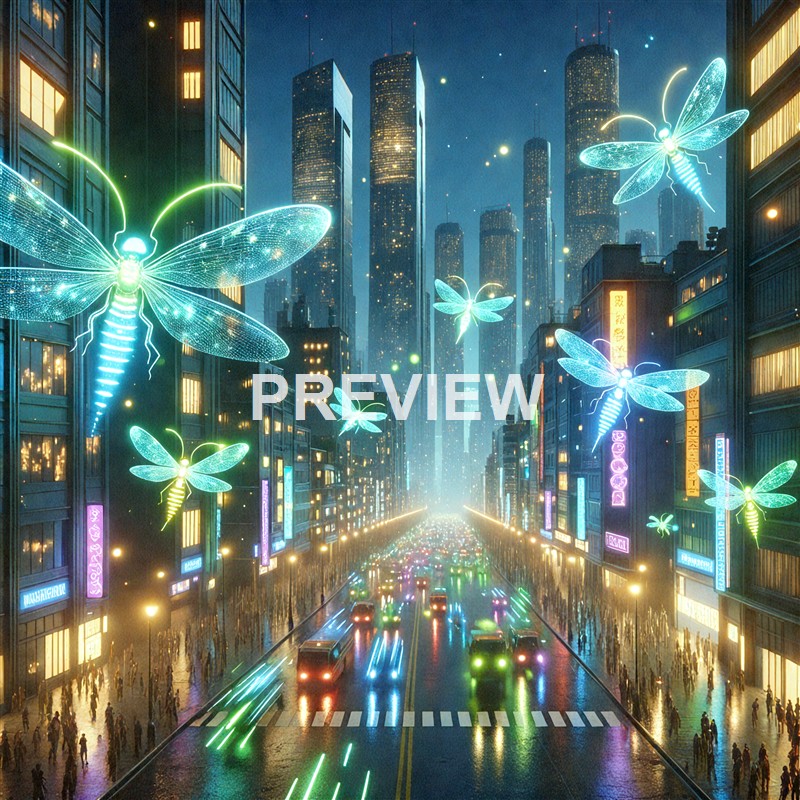 A futuristic city street at night with tall skyscrapers, illuminated signs, and large, glowing, blue-green dragonfly-like insects flying overhead.